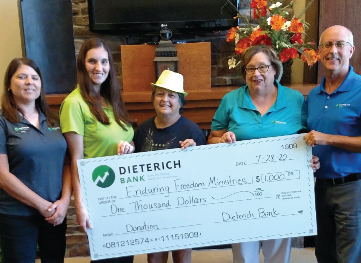 Dieterich bank's Check presentation to Enduring Freedom Ministries