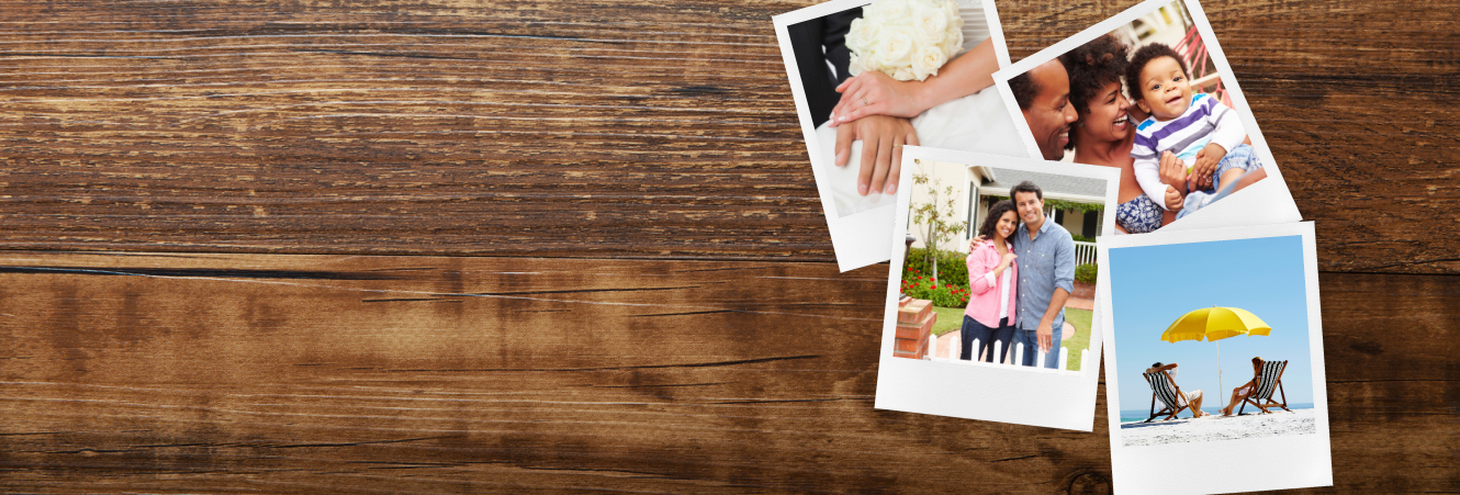 Four photos scattered on a tabletop, featuring scenes of a wedding day, a family, a newly purchased home, and a retired couple relaxing on a beach.