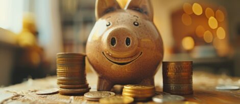 Coins sit next to a golden piggy bank.