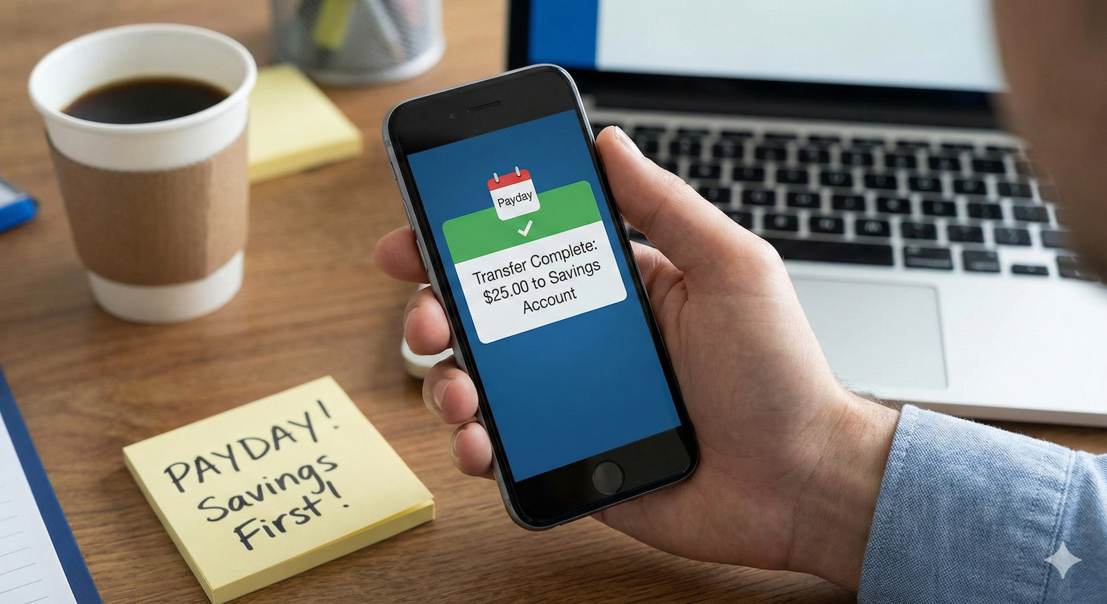 Person using a mobile banking app to transfer money into savings on payday, with a laptop, coffee, and “Savings First” note on a desk.