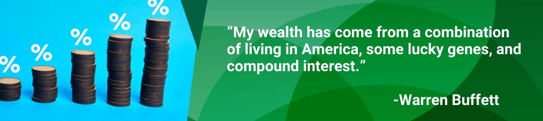 Stacks of coins increasing in height beside a Warren Buffett quote about wealth and compound interest.